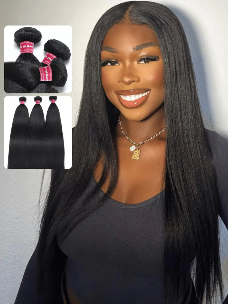UNICE 12A Silk Yaki Straight Human Hair Weave 3 Bundles Unprocessed Virgin Real Human Hair Weft Sew in Human Hair Extensions for Women 16 18 20 inch