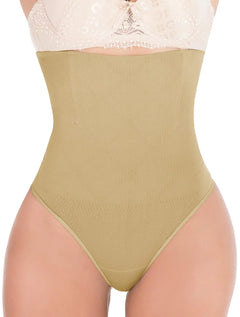 FUT Womens Thong Shapewear Tummy Control Underwear High Waisted Body Shaper Butt Lifting Panties Beige