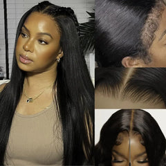 KLAIYI Kinky Edge Yaki Straight Bye Bye Knots Glueless Wig 7x5 Pre Cut Lace Front Wigs Human Hair Pre Bleached Pre Plucked Easy to Wear and Go Wig 30S Ready to Go Kinky Wig with Curly Baby Hair 18Inch
