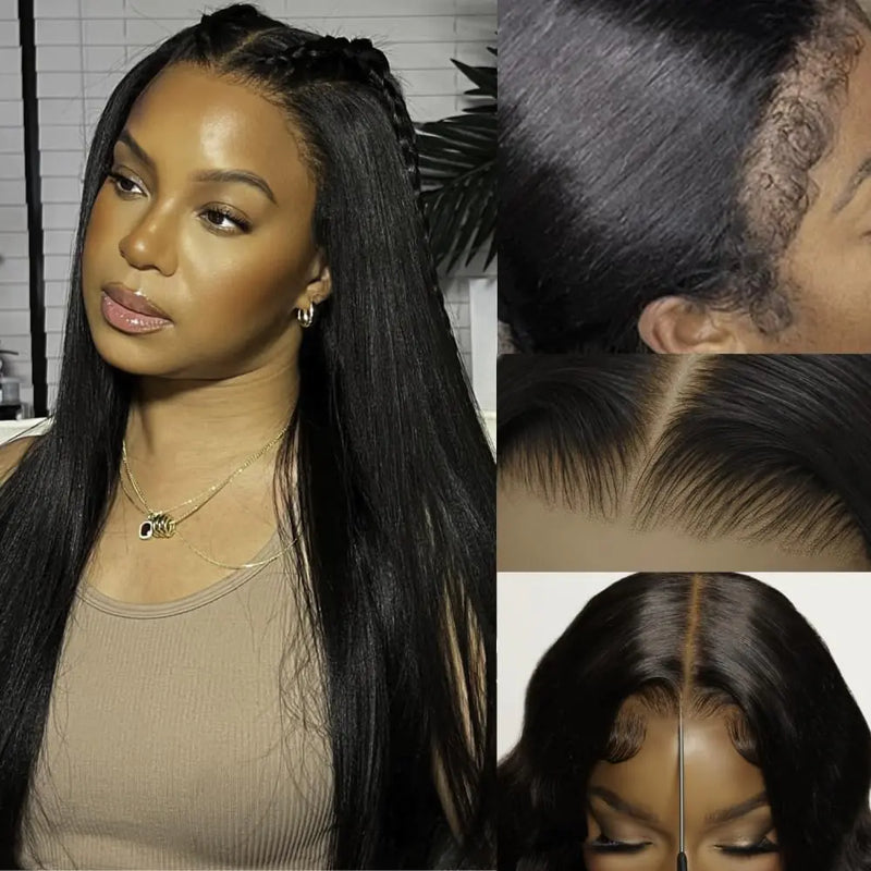 KLAIYI Kinky Edge Yaki Straight Bye Bye Knots Glueless Wig 7x5 Pre Cut Lace Front Wigs Human Hair Pre Bleached Pre Plucked Easy to Wear and Go Wig 30S Ready to Go Kinky Wig with Curly Baby Hair 18Inch