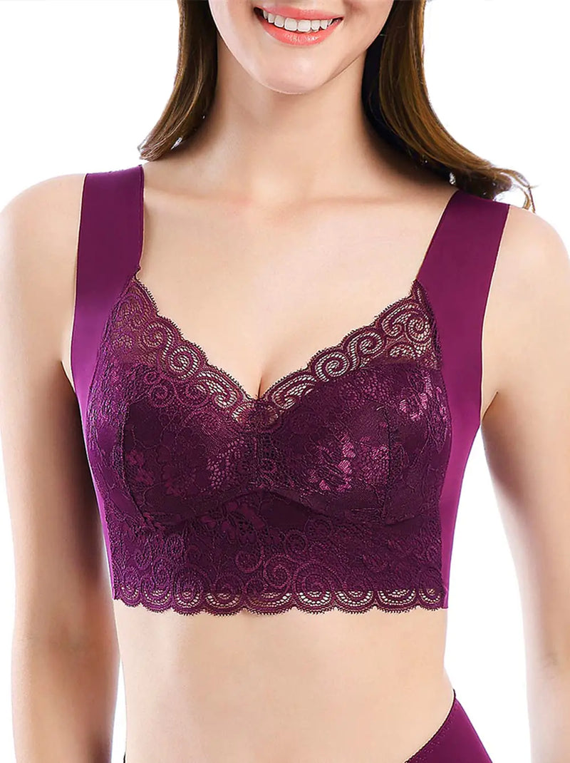 Purple Seamless Lace Bra Wide Thin Back Smoothing Wirefree Padded Lift Push Up Bralettes for Women Full Coverage Deep V No Wire Soft Comfortable Sleep Leisure Pullover Bras (462 Lace Purple M)