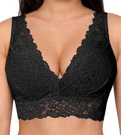OLIKEME Lace Bralette for Women Deep V Wirefree Padded Plunge Bra Bras for Women No Underwire for Small-Chested Black L