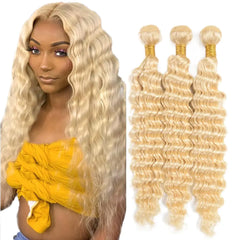 #613 Blonde Deep Wave Bundles Human Hair 12 14 16 Inch 10A Unprocessed Brazilian Virgin Hair 3 Bundles Weave Hair Extensions 50 Gram Per Bundle