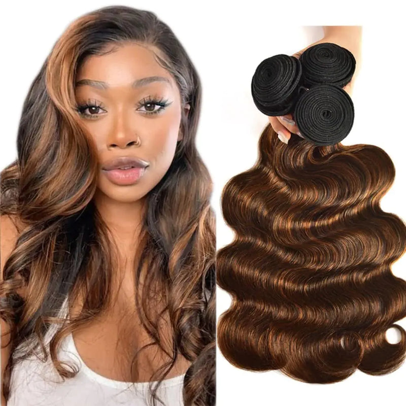 Condescension Bundles Human Hair Body Wave Human Hair Bundles 16 18 20 Inch Brazilian Chocolate Brown Highlight P4/30 Body Wave Bundles Human Hair Weave Bundles Human Hair for Black Women