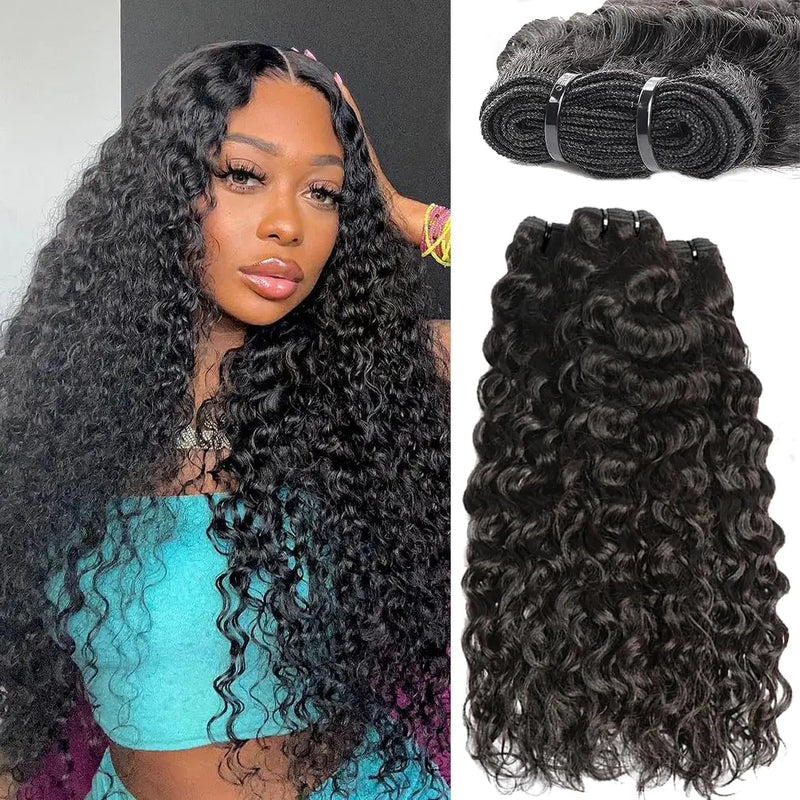 Perstar Human Hair Bundles Water Wave（22 24 26 inch） 100% Brazilian Virgin Remy Hair Water Curly Weave 3 Bundles Human Hair Double Weft for Women Natural Black