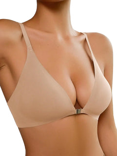 SOLY HUX Womens Triangle Bralette Bra Front Close Deep V Seamless Wireless Adjustable Underarm-Smoothing Comfort Bras Plain Apricot L