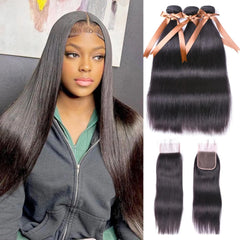 ALLRUN Straight Hair Bundles with Closure 100% Brazilian Straight Human Hair 3 Bundles with Lace Closure Free Part Unprocessed Virgin Hair Bundles with Closure Human Hair Extensions 18 20 22+16