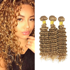 27 Deep Wave Bundles Human Hair Color 27 Bundles Human Hair 12 14 16 Inch Unprocessed Brazilian Virgin Hair 8A Grade Honey Blonde Deep Wave Bundles Weave Extensions Hair for Women