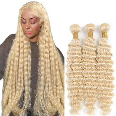 613 Human Hair Bundles Blonde Deep Wave Bundles Human Hair 8A Grade Brazilian Unprocessed Virgin Hair 3 Bundles 14 16 18 Inch 613 Deep Wave Bundles