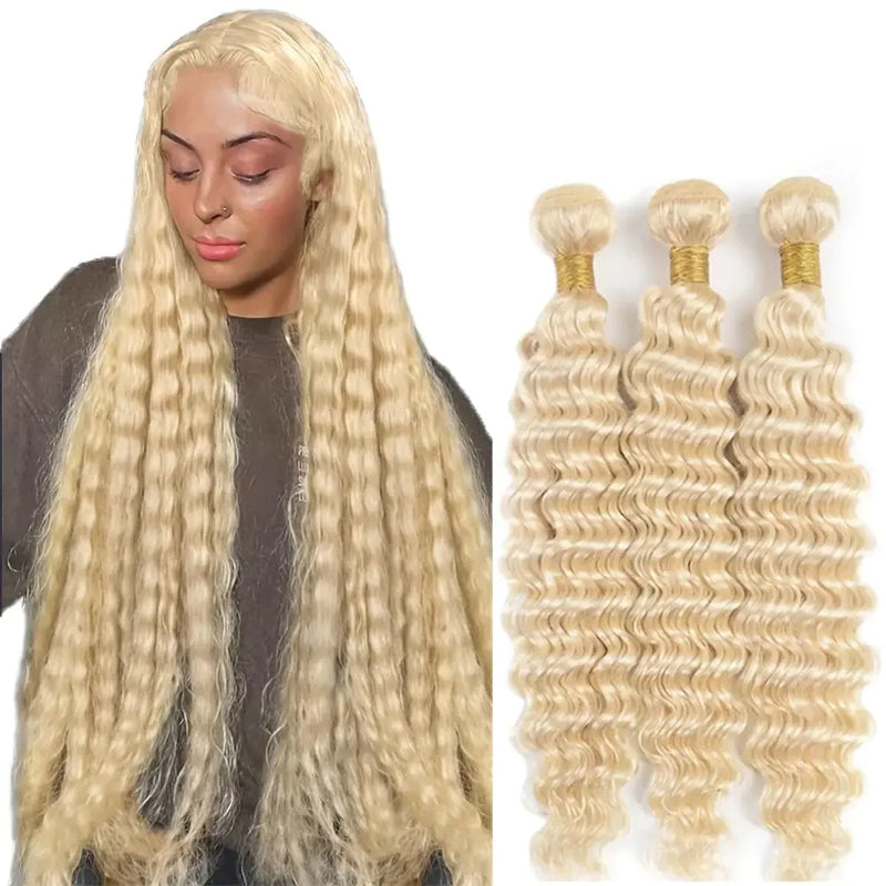 613 Human Hair Bundles Blonde Deep Wave Bundles Human Hair 8A Grade Brazilian Unprocessed Virgin Hair 3 Bundles 14 16 18 Inch 613 Deep Wave Bundles - Luxorra
