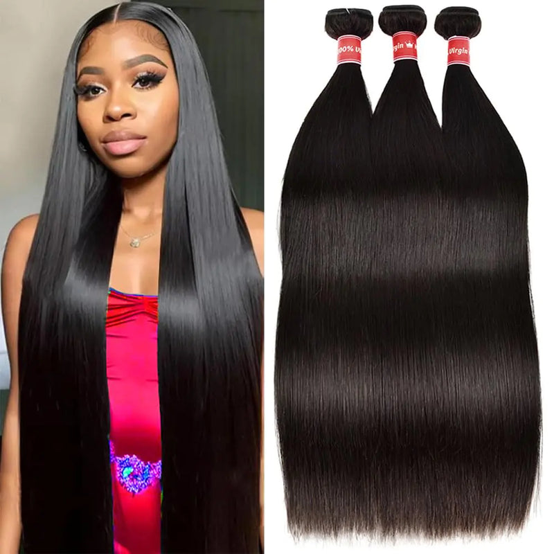Straight 3 Bundles Human Hair Weave Bundles Long Straight Human Hair Bundles 10A Grade 100% Unprocessed Human Hair Bundles Brazilian Bundles Human Hair Natural Black Color 24 26 28 Inch