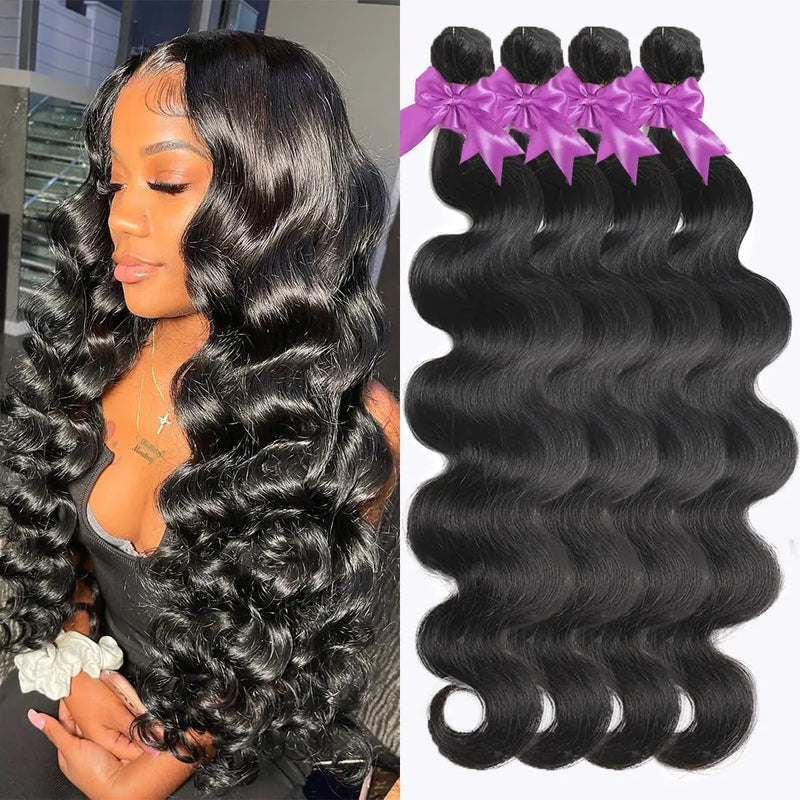 Myonisally Bundles Human Hair 4 bundles 22 24 26 28 Inch Body Wave Bundles Human Hair 100% Unprocessed Brazilian Virgin Weave Bundles Human Hair Extension Quick Weave Deals Natural Black