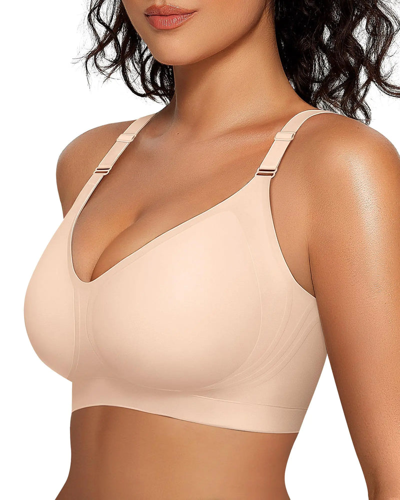 OEAK Womens Comfortable Bras Wireless V Neck Bra Full Coverage Bralettes Seamless Tshirts Bras Push Up Bras with Extender Nude L