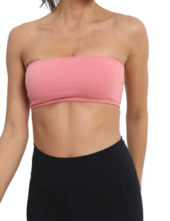 Meladyan Women Sports Bra Strapless Bandeau Solid Wireless Support Bralette Backless Sleeveless Crop Tube Top Yoga Workout Pink