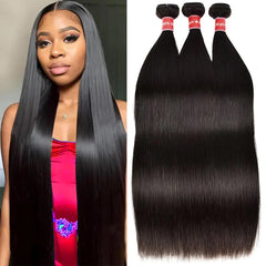 Straight 3 Bundles Human Hair Weave Bundles Long Straight Human Hair Bundles 10A Grade 100% Unprocessed Human Hair Bundles Brazilian Bundles Human Hair Natural Black Color 24 26 28 Inch